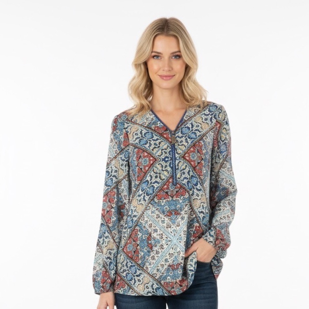 Investments medium floral boho zippered blouse